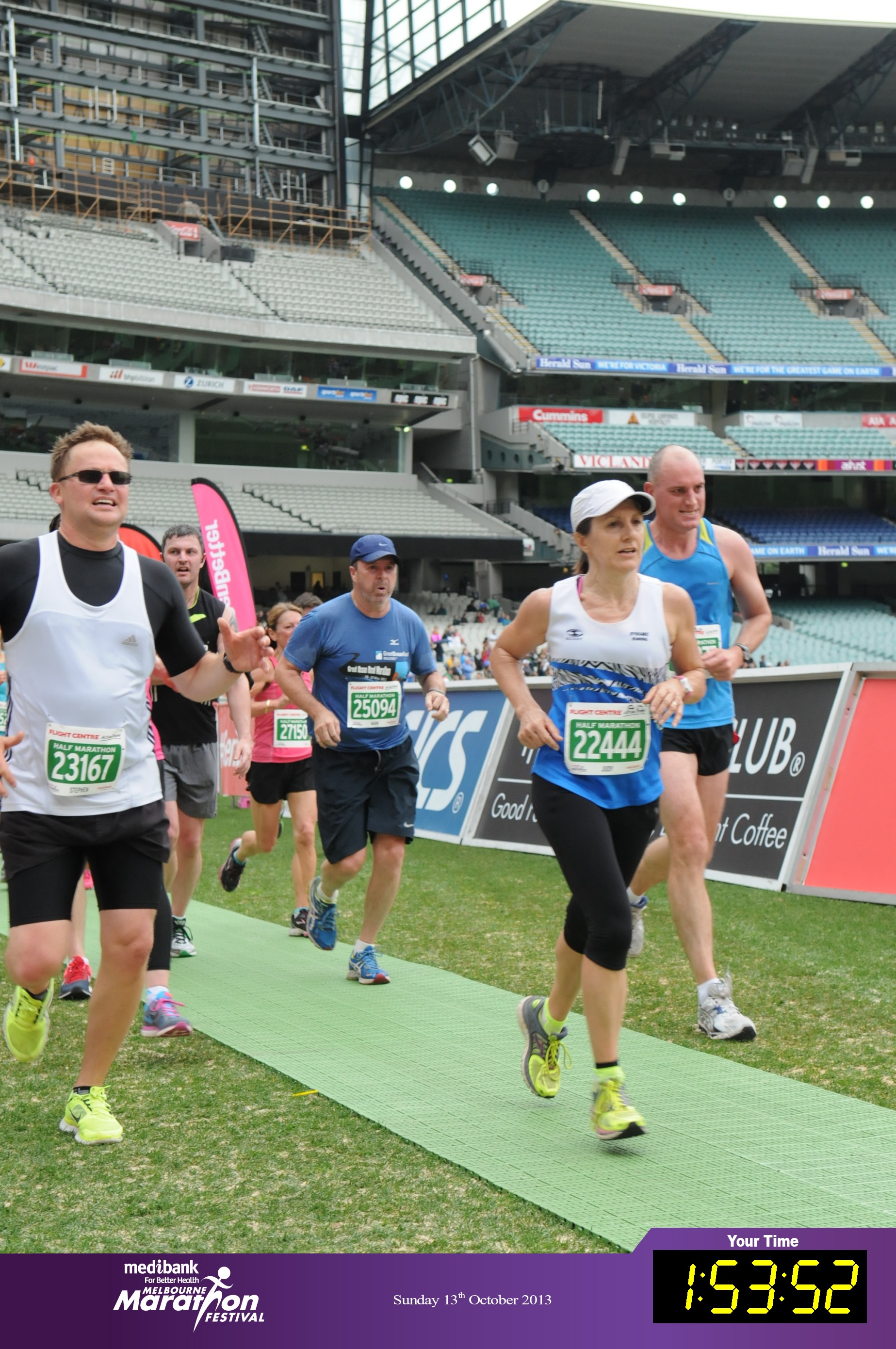Judy finishing the Melbourne Half Marathon in October 2013.